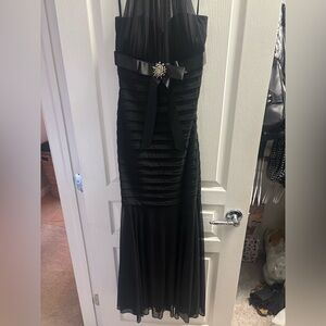 Betsy & Adam Black Strapless Maxi Gown with Rhinestone Bow